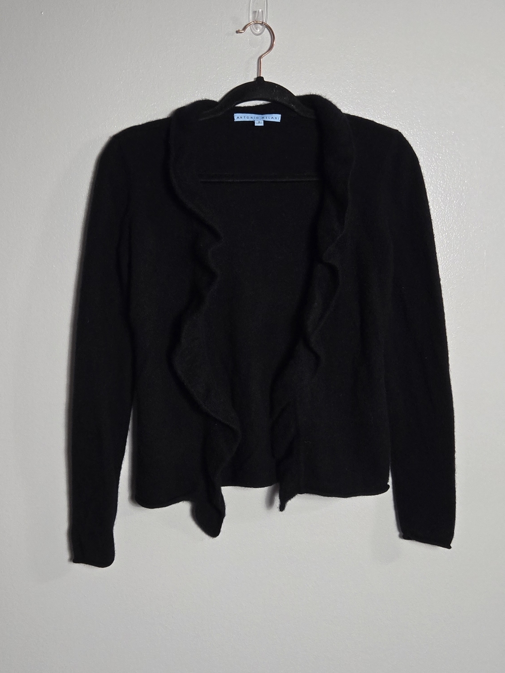 Antonio Melani Black 100% Cashmere Ruffle Open Front Cardigan Sweater Size S